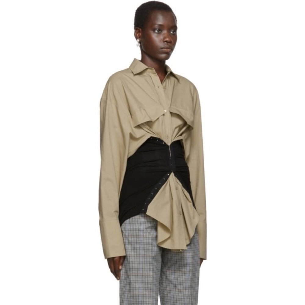 Pushbutton Beige and Black Lace-Up Corset Shirt